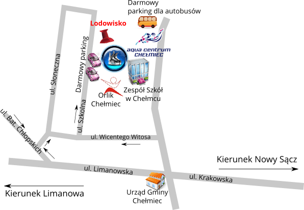 Mapa z lokalizacją lodowiska z ikonami reprezentującymi najważniesze sąsiednie obiekty, opis lokalizacji pod mapą