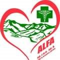 Logo NZOZ ALFA - zielone góry otoczone czerwonym sercem i zielony krzyż